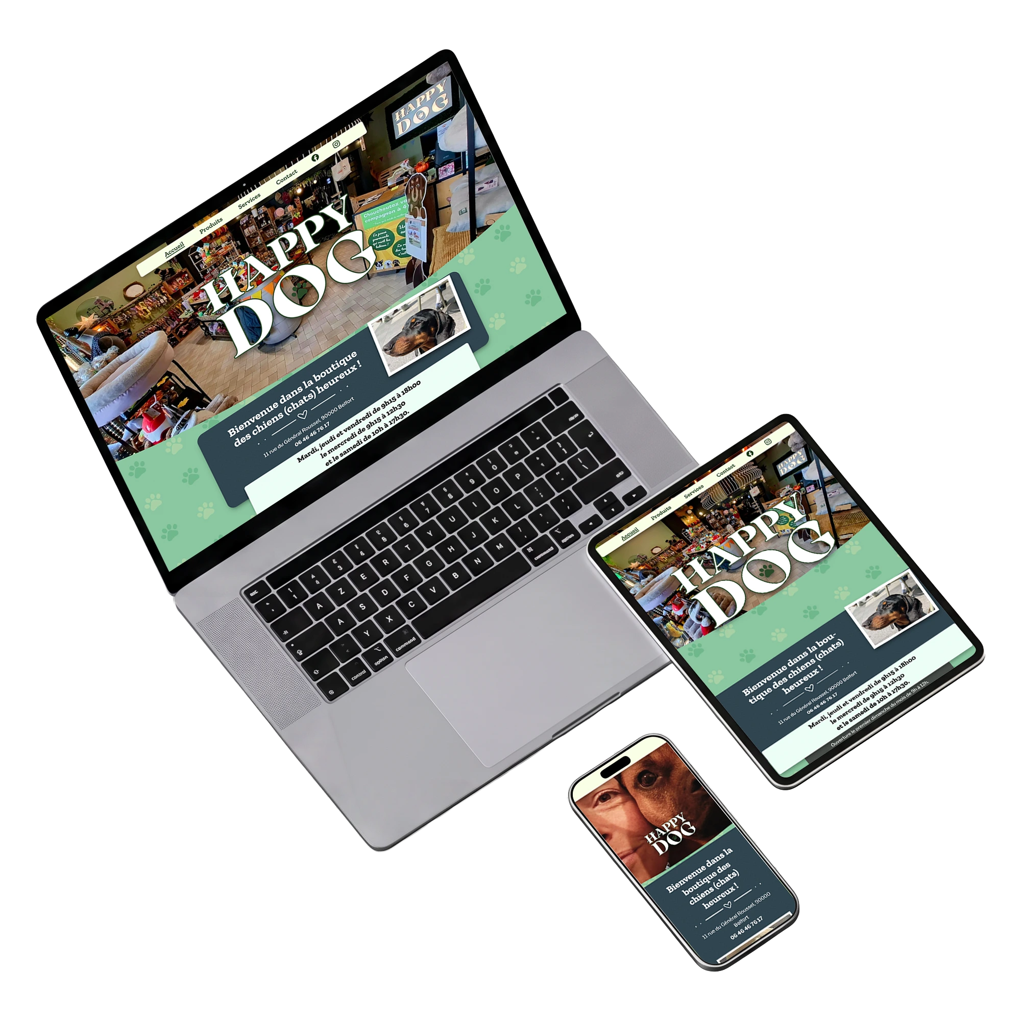 Site web responsive Happy Dog Belfort adapté au mobile, à la tablette et au desktop