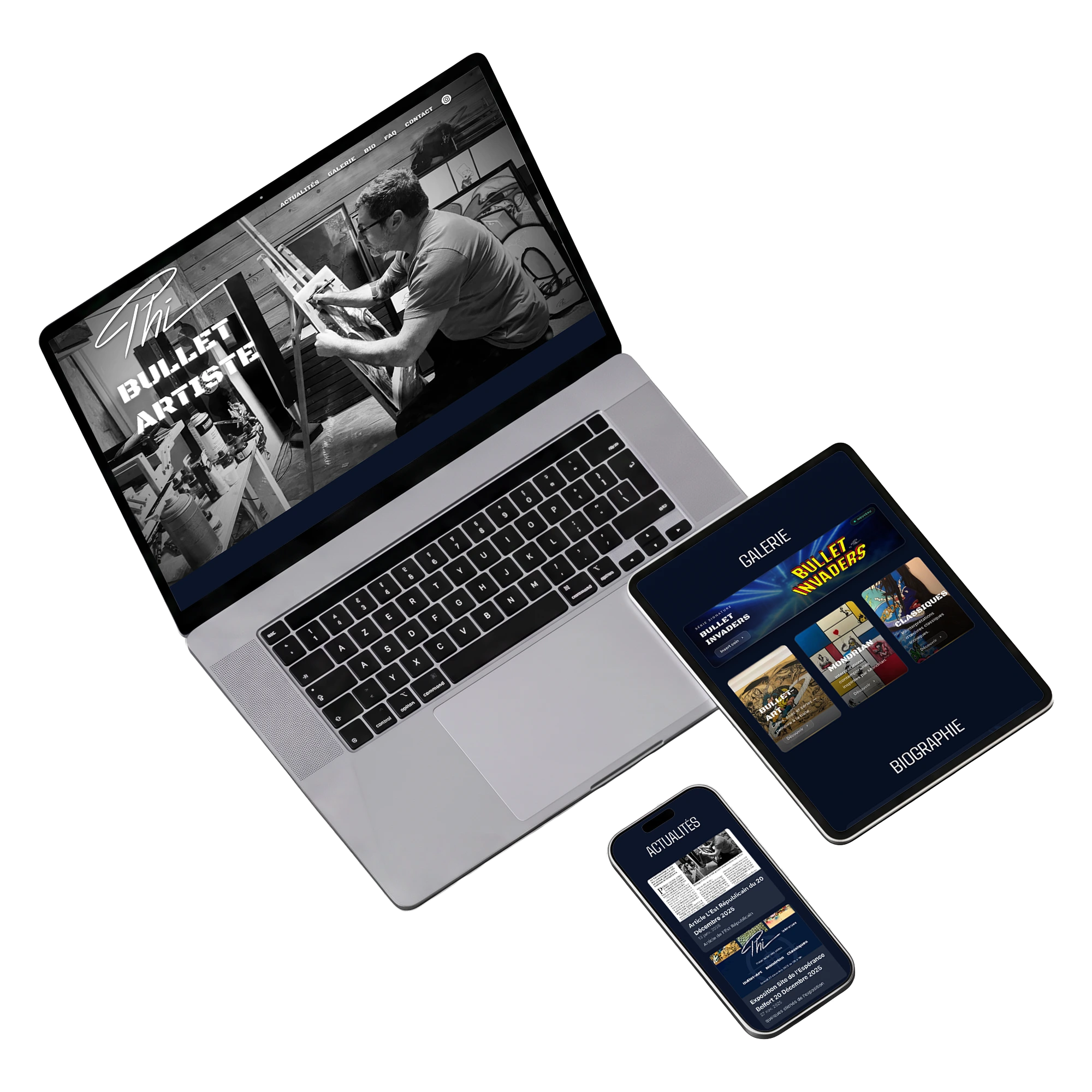 Site web responsive Phil Bullet Art adapté au mobile, à la tablette et au desktop